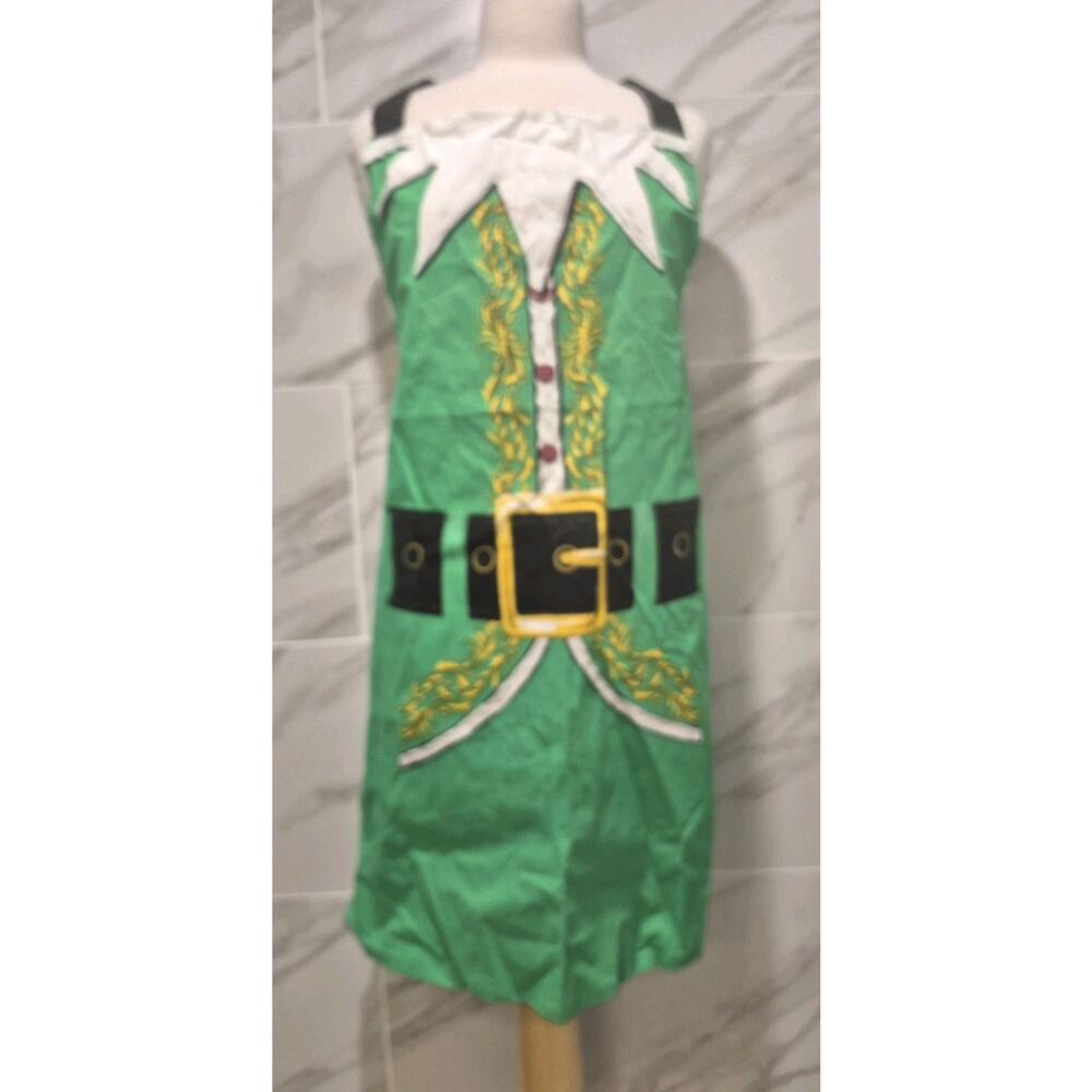 Green Cotton Christmas Elf Apron Black Ties 32" Length NEVER USED